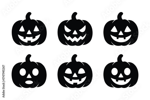 Set of black jack o’ lantern silhouettes with various spooky Halloween faces, perfect for seasonal design, labels, web banners, packaging, patterns, flyers, book illustrations and holiday art prints. 