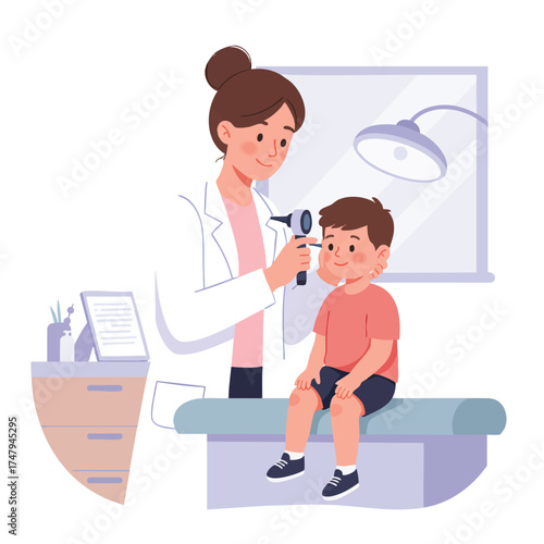a female pediatrician with brown hair tied in a bun, wearing a white coat over a pastel pink blouse, gently checking a little boy’s ear using an otoscope.