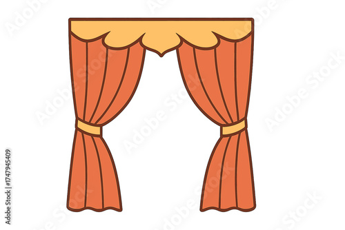 Classic theatrical stage curtains tied back with decorative valance in warm orange and yellow colors for performance background