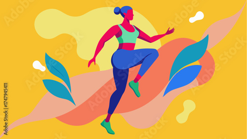 A vibrant illustration of activewear featuring a person midworkout in flexible leggings and a stylish sports bra against a colorful abstract background.