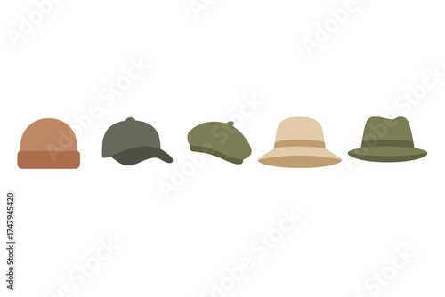 Set of five popular headwear styles including knit cap baseball hat beret sunhat and fedora
