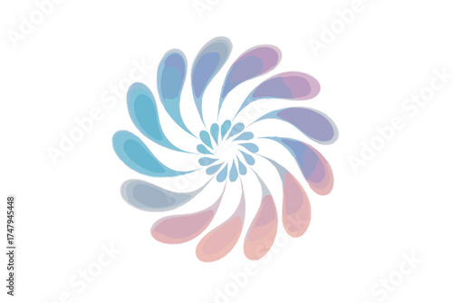 Symmetrical circular pattern of swirling pastel gradient teardrop shapes on white background