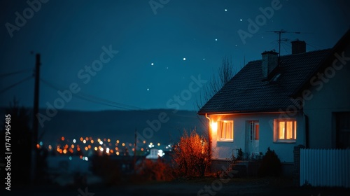 Cozy home glows warmly under a starry night sky, lights shimmering from the town below, beckoning peace and serenity.