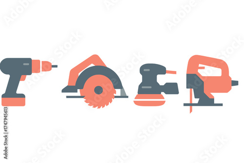 Collection of essential electric power tools including drill, circular saw, orbital sander, and jigsaw