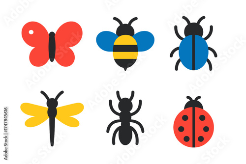 Collection of six colorful insects: butterfly, bee, ladybug, ant, dragonfly, and beetle