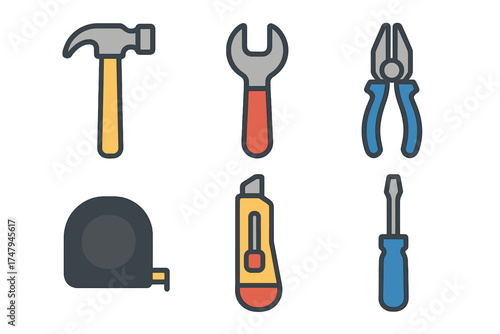 Set of essential repair and construction hand tools including hammer, wrench, pliers, tape measure, and screwdriver icons