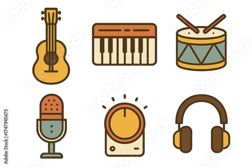 Set of retro-style music instruments and audio production equipment icons