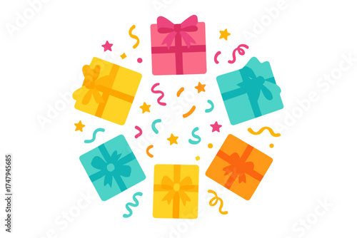 Festive arrangement of colorful gift boxes and scattered confetti creating a vibrant circular border