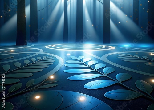 Mystical forest floor with blue light beams and foliage patterns  