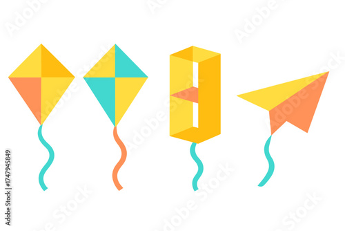 Collection of colorful geometric kites and a paper airplane flying on a white background