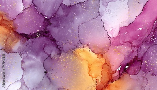 Beautiful abstract watercolor painting of pink, purple and gold creating a mesmerizing and elegant display.