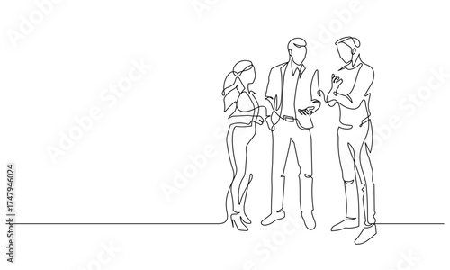 business community discussion three people talking
continuous line drawing. brainstorming and partner teamwork contour sketch handdrawn thin line illustration copy space