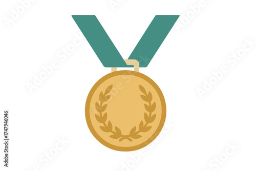 Shiny gold medal with laurel wreath and teal ribbon for first place achievement