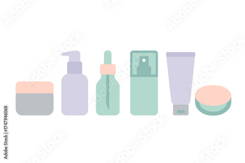 Assortment of pastel colored cosmetic containers and packaging for beauty and skincare products