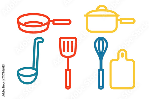 Brightly colored outline symbols of essential kitchen tools and cookware
