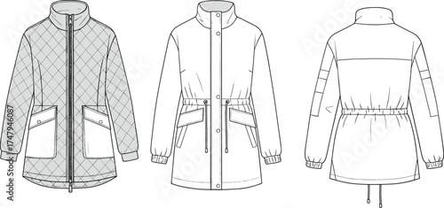 Technical fashion illustration of women’s long quilted jacket front and back views with drawstring waist, flap pockets, and zipper closure