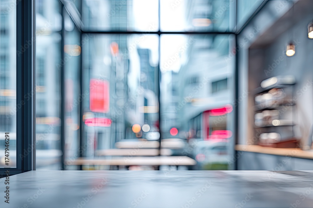 Obraz premium Blurry urban cafe interior, marble table