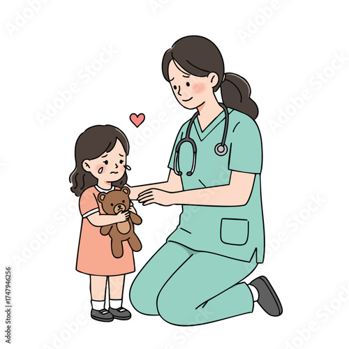 A diverse group of people receiving care from a doctor, nurse, and other healthcare professionals, including a pediatrician giving a vaccination to a child with a stethoscope, showing the love and fam