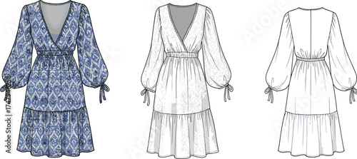 Technical fashion illustration of women’s long dress with puff sleeves, tiered skirt, drawstring waist, and V-neck front and back views