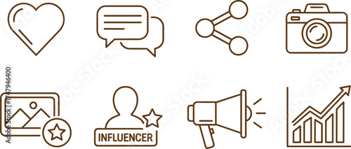 Social media marketing icons, influencer promotion, online engagement, content creation, digital advertising, communication network, photography, analytics growth, business strategy illustration
