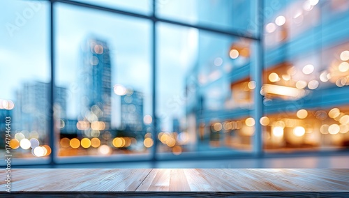Fototapeta Naklejka Na Ścianę i Meble -  Wooden tabletop in front of a city skyline through large windows. Blurry cityscape and lights visible