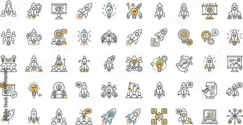 Startup business rocket icons, innovation and idea launch concept, creative strategy vector set, entrepreneurship success symbol, growth and progress illustration