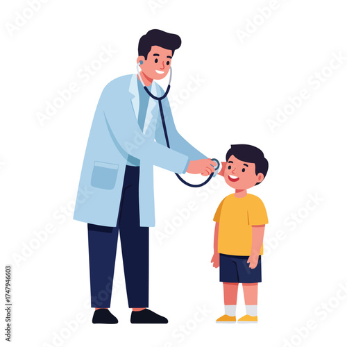 a male pediatrician wearing light blue coat and dark navy pants, using a stethoscope to check a child’s heartbeat, the child smiling and wearing a yellow T-shirt, doctor bending slightly