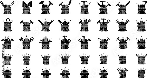 Tool and pencil icon set, construction design, repair concept, creativity illustration, DIY workshop, black silhouette, engineering tools, graphic design elements