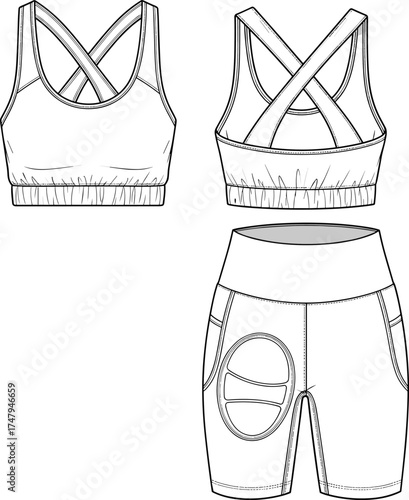 Technical fashion illustration of women’s sports bra and athletic shorts front and back views with racerback straps and thigh pocket design