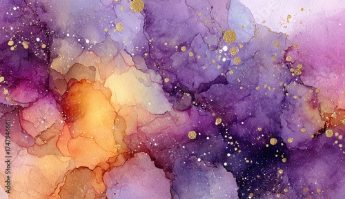 Stunning abstract watercolor painting with purple, pink, and gold accents creates a celestial dreamscape.