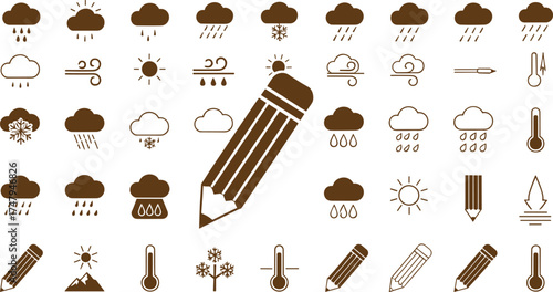 Weather icon vector set, rain cloud, sun, wind, snowflake, temperature, climate symbols, pencil illustration, minimalist design, meteorology graphic art