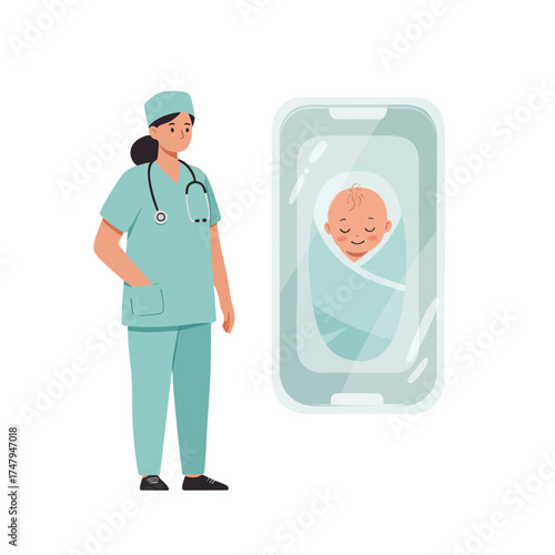  a pediatrician in light teal scrubs standing beside a transparent baby incubator, baby wrapped in a soft blanket inside.