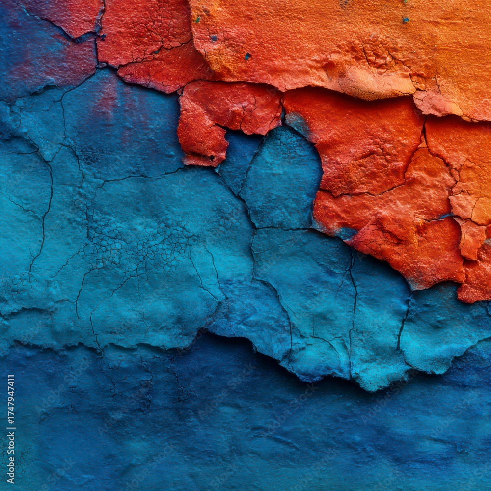Fototapeta premium Vibrant Texture: Cracked paint on wall revealing layers of time and color, a study in the passage of history and the beauty of natural aging.