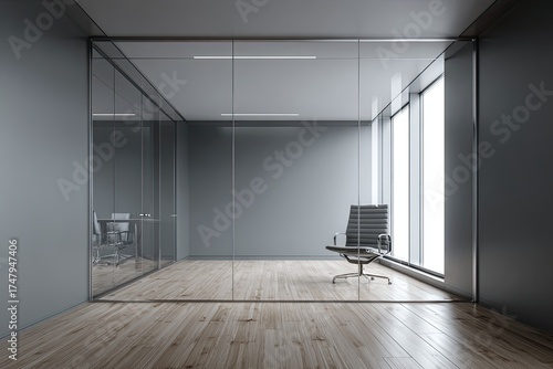 Modern, minimalist office space with glass partitions.  Empty room, light gray walls, light wood floor, single office chair.  Large window