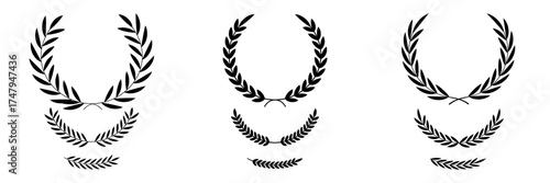 A detailed black laurel wreath, perfect for conveying themes of triumph, academic excellence, or design elements that require classic aesthetics. Vintage Greek olive foliate ornaments pack. Vector
