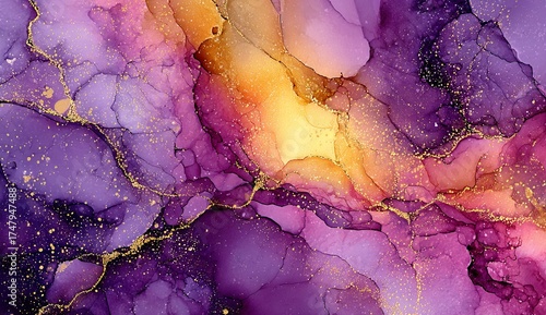 Ethereal liquid art with purple, gold, and amber tones creating a watercolor effect background