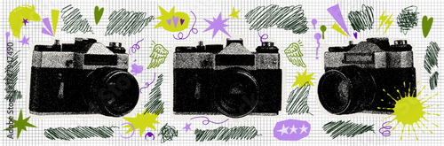 Creative collage with retro film cameras and vibrant hand-drawn doodle elements. Bitmap halftone photography combined with colorful sketch graphics on a grid background.