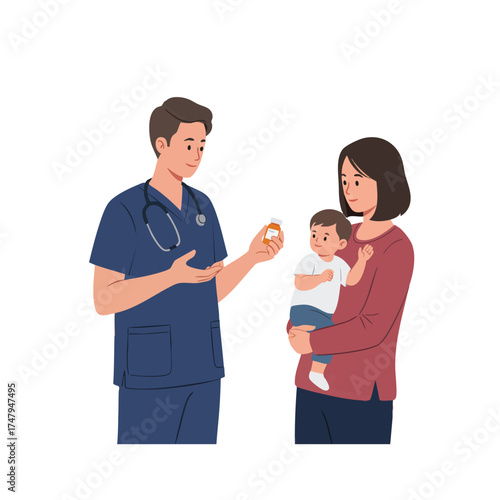 a pediatrician with short hair wearing navy scrubs, holding a small medicine bottle and explaining it to a mother holding her child.