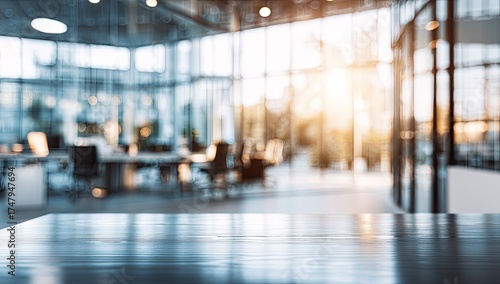 Blurred modern office interior, empty wooden table