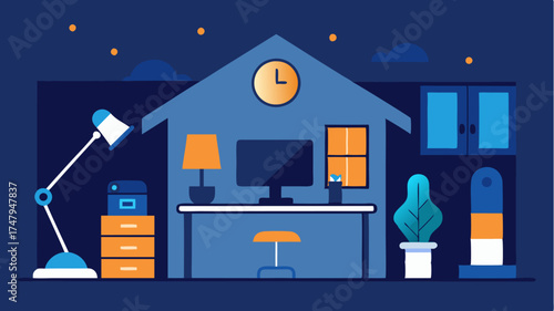A home office setup with smart lighting noisecanceling devices and ergonomic adjustments all automated for productivity enhancement.