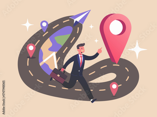 Businessman running on a winding road towards a giant location pin with a map and paper airplane