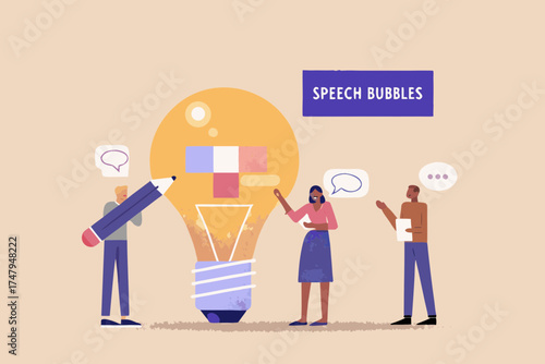 Diverse team collaborating on a bright idea represented by a giant lightbulb and speech bubbles