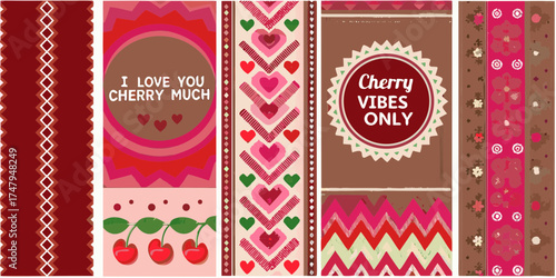 Collection of five vertical banners with cherry motifs and romantic messages in pink and red tones