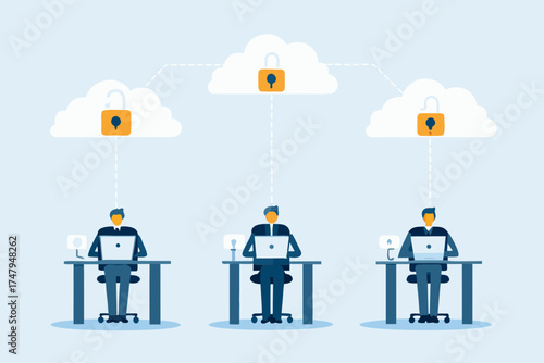 Businessmen working on laptops connected to cloud storage with security locks and unlocked padlock icons