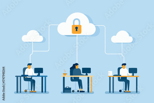 Secure cloud computing concept with people working on computers connected to a locked cloud