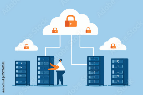 Man working with secure cloud servers and data storage systems in a data center environment