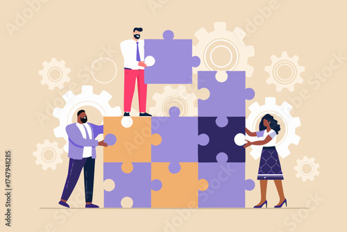 Diverse team of professionals collaborating to build a puzzle representing success and problem solving