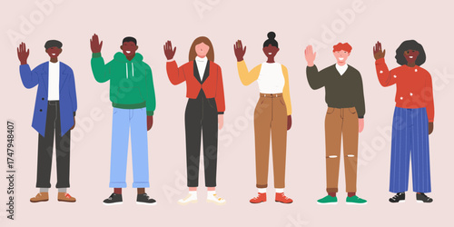 Diverse group of six people waving hello with friendly smiles and casual modern clothing