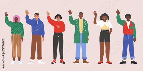 Diverse group of six people waving hello with friendly expressions and casual clothing