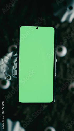 Skeleton Hand Holds Smartphone With Eyeballs On Ground
